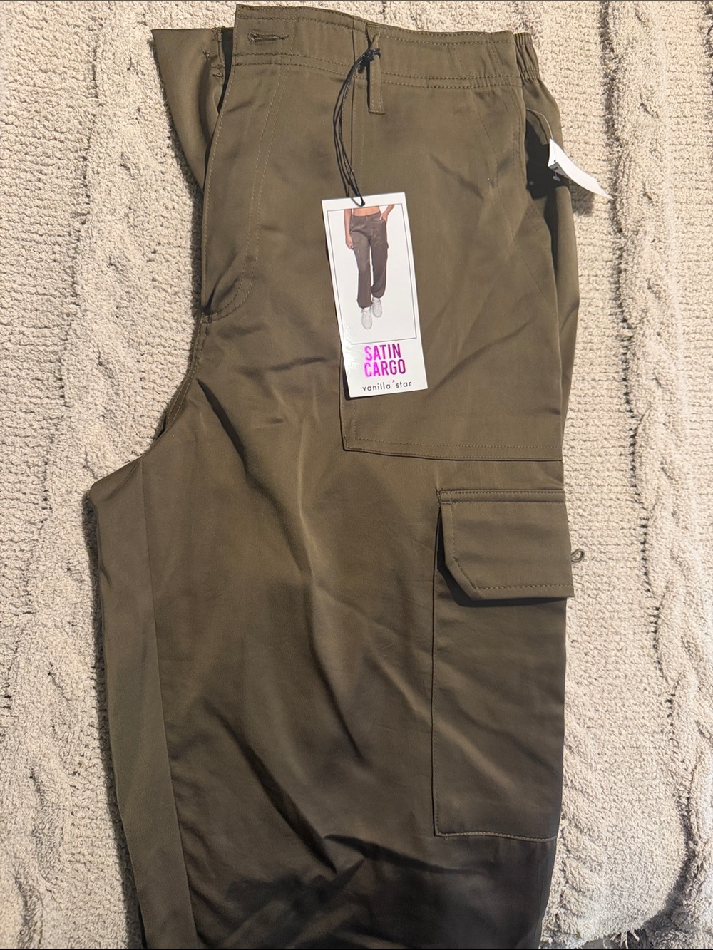Vanilla Star Olive Satin Cargo Wide-Leg Pants